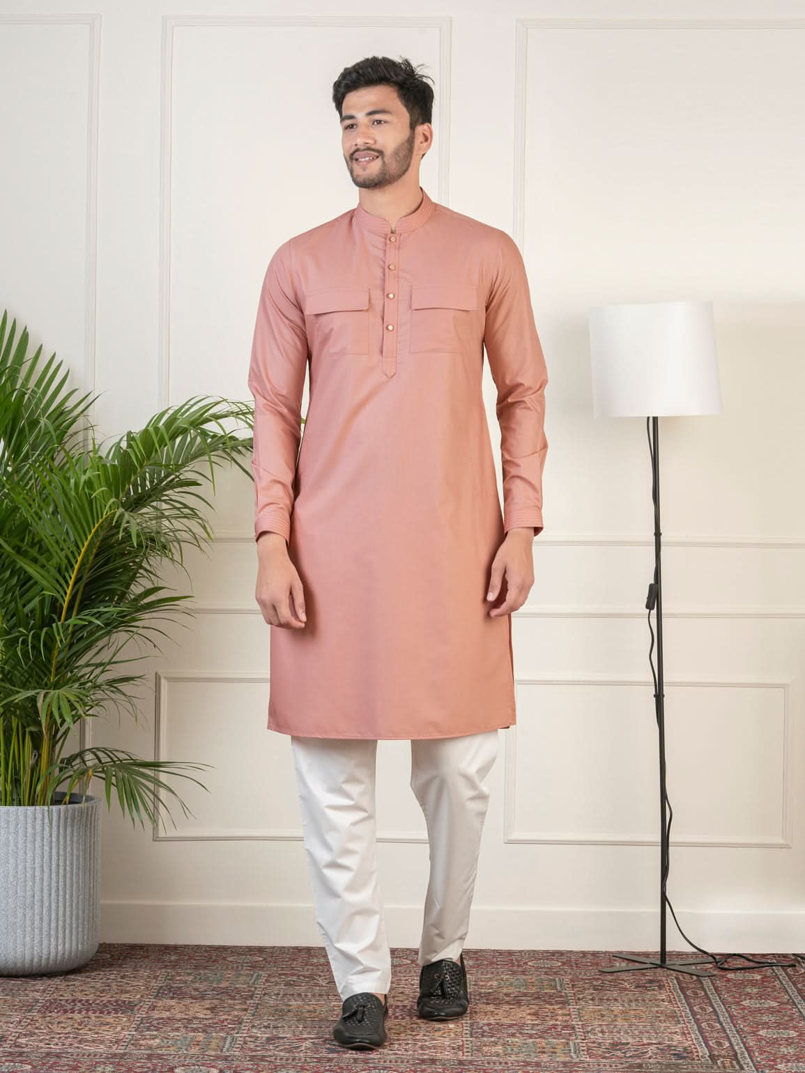 Dark Pink Cotton Pathani Kurta Set with Patch pocket