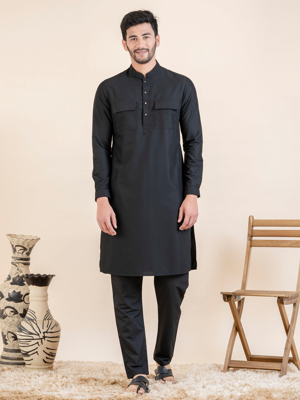Black Cotton Pathani Kurta Set with Patch pocket