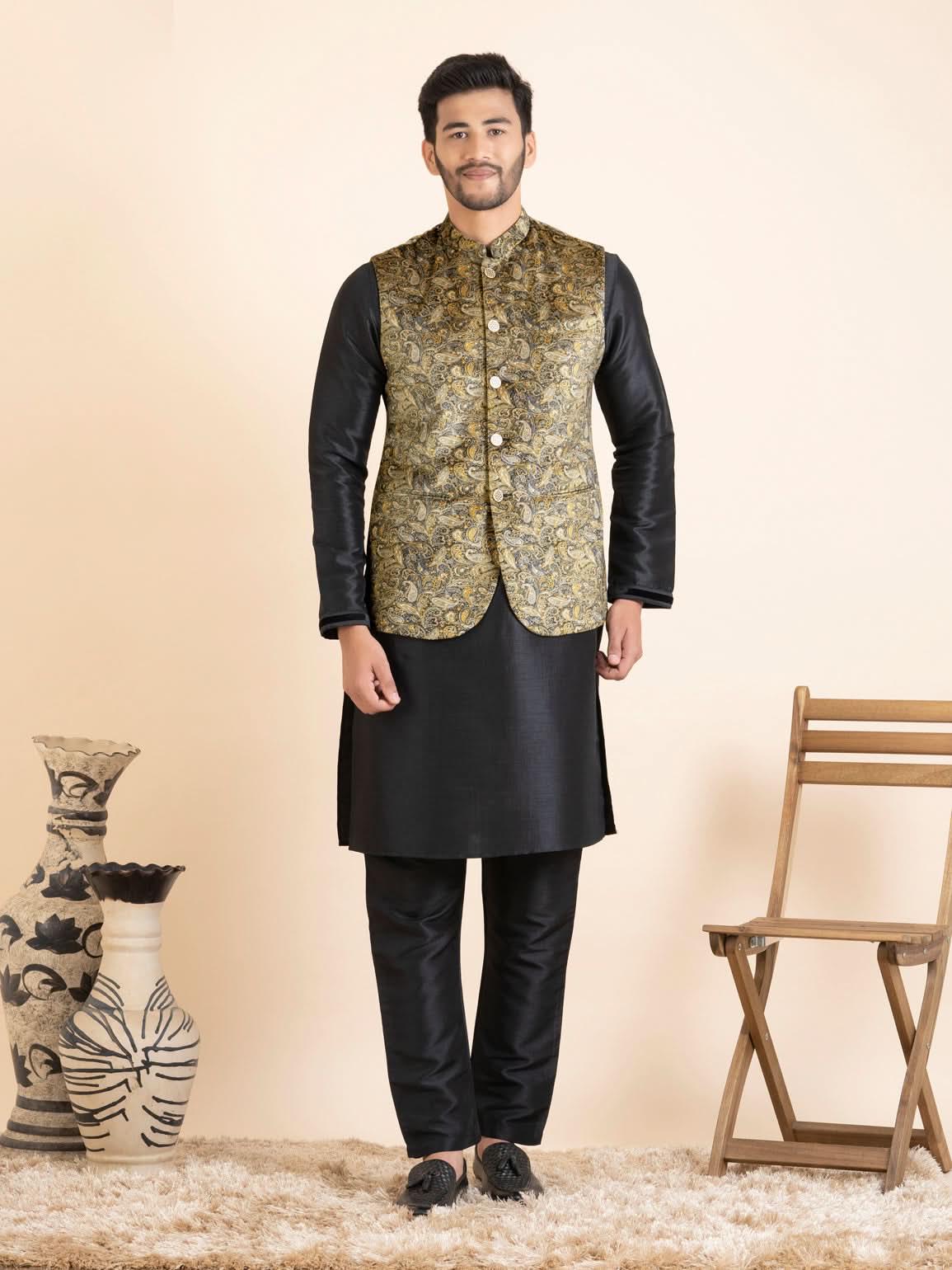 Beige Velvet Printed Cotton Jacket Kurta Set