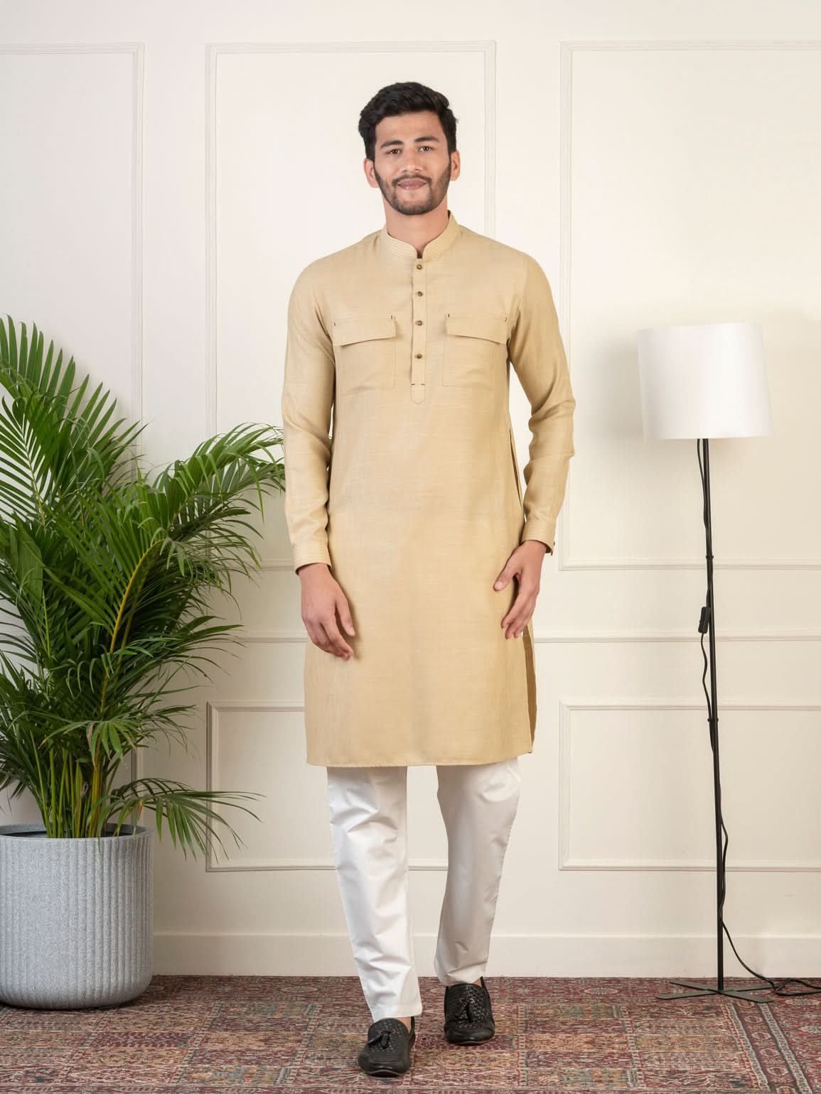 Beige Cotton Pathani Kurta Set with Patch pocket