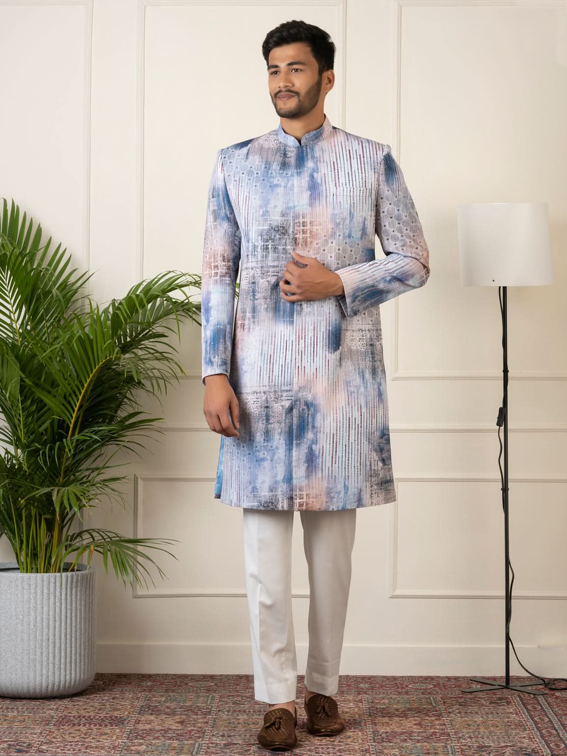 Blue Printed Seqin Embriodered Indowestern