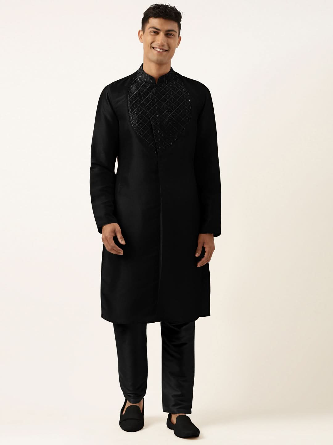 Black Embroidery Angrakha Kurta Set