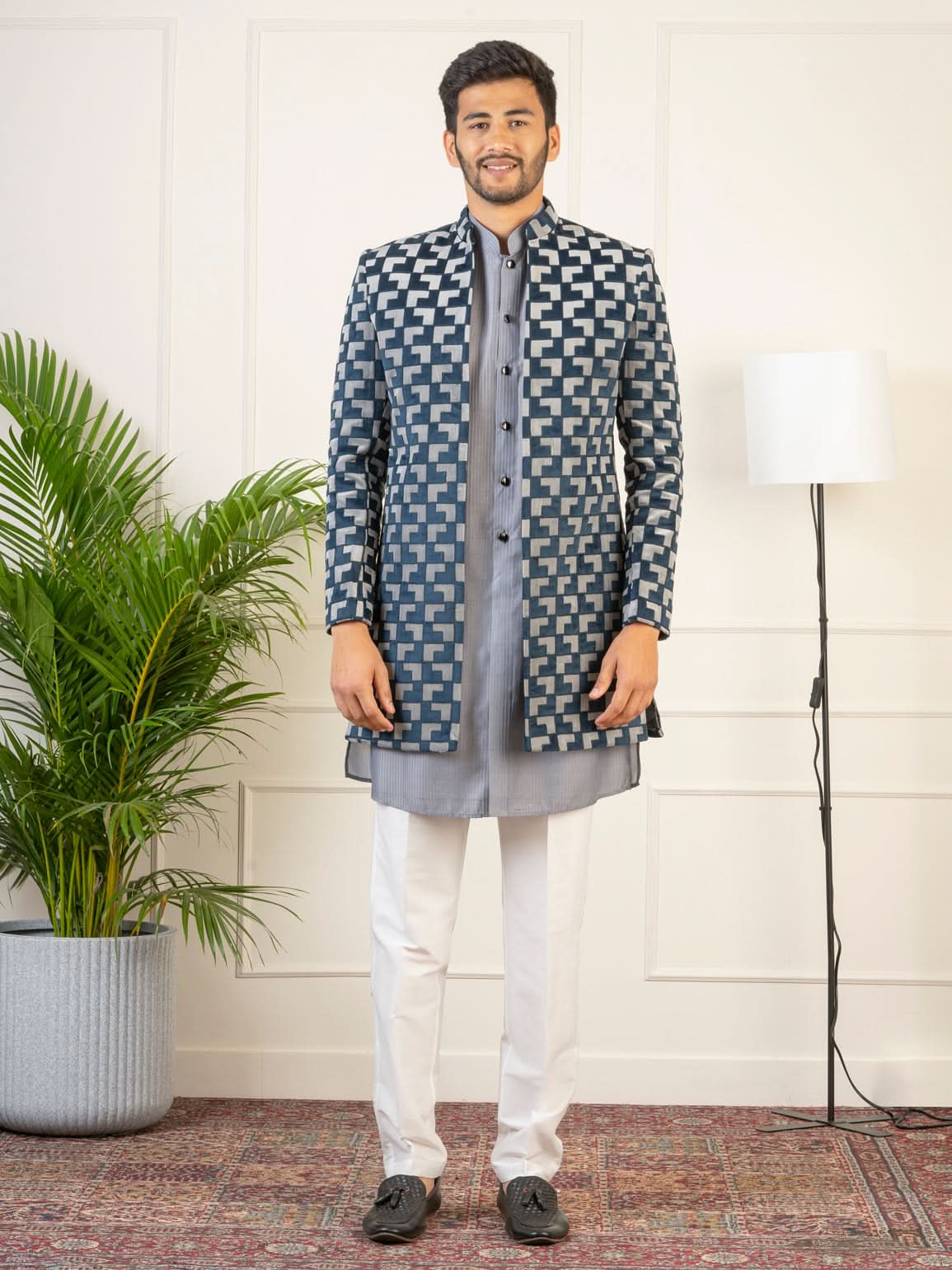 Grey Navy Velvet Indowestern