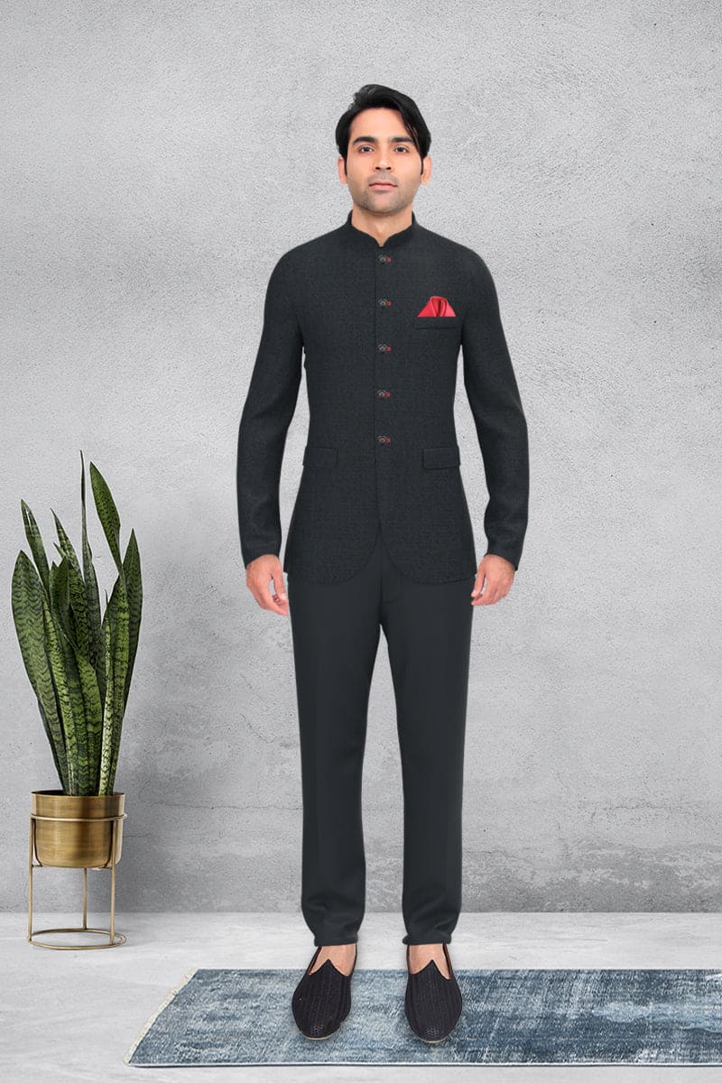 Black Navy Herringbone Bandhgala Set