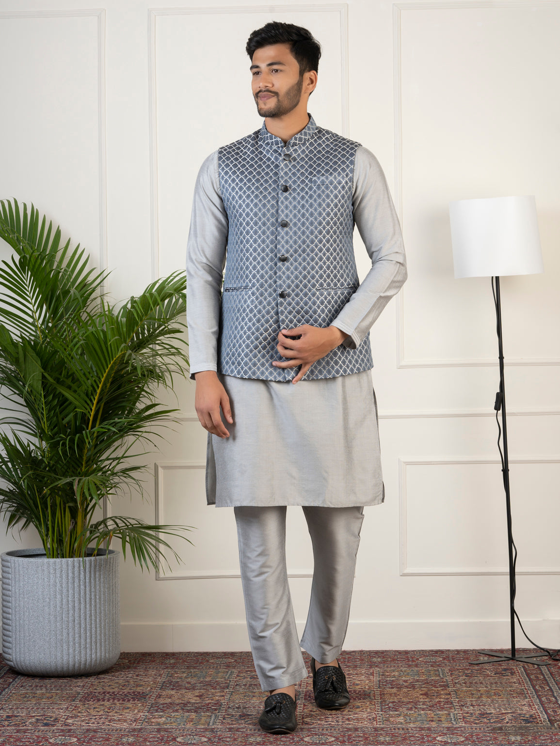 Bluish-Grey Jacquard Jacket With Grey Kurta
