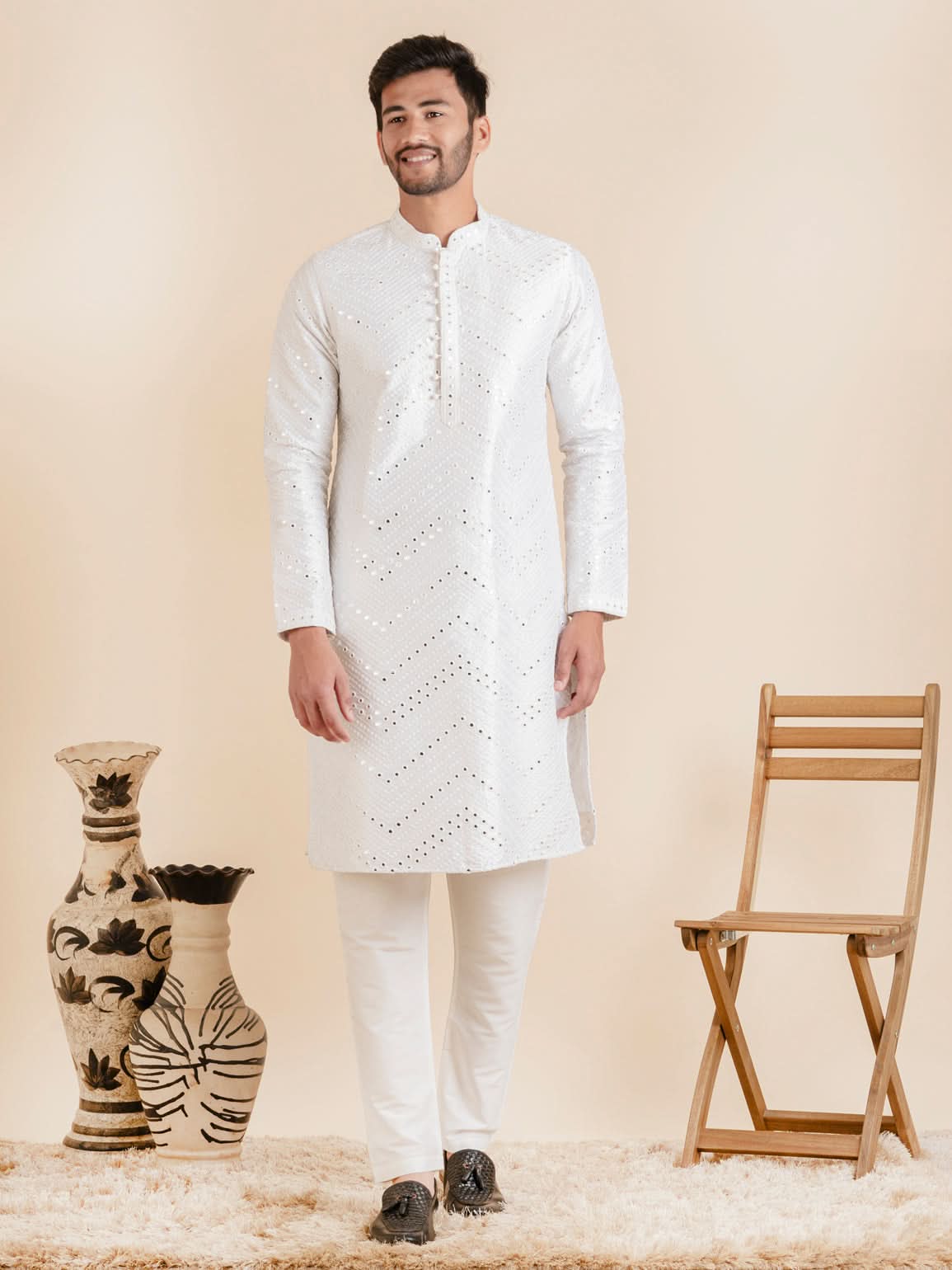 White Silk Mirror Embroidered Kurta Set