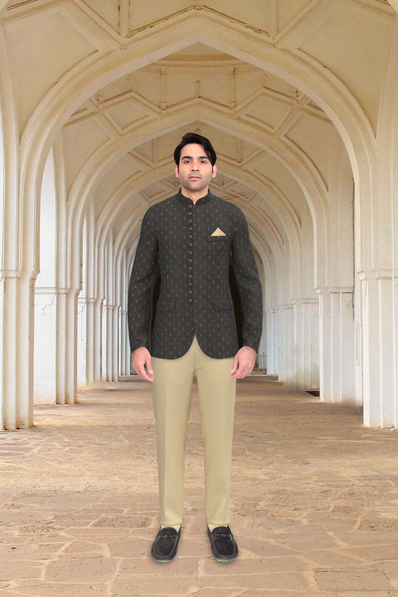 Chocolate Brown Suede fabric with Golden motifs Bandhgala Set