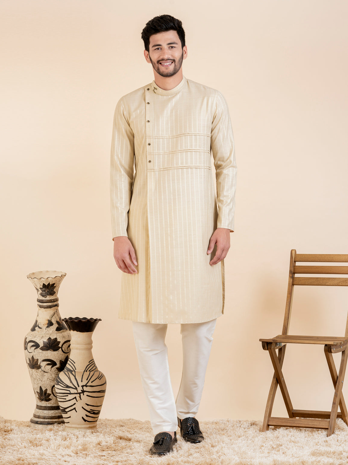Beige Self Design Side Placket Cotton Kurta Set