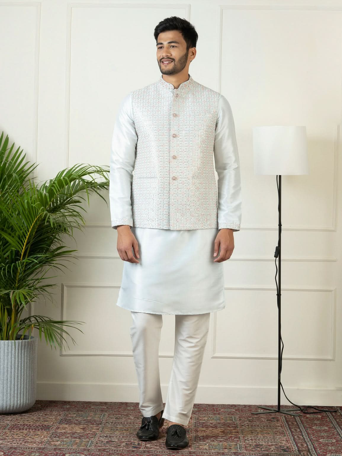 Light Blue Embroidered Jacket Kurta Set