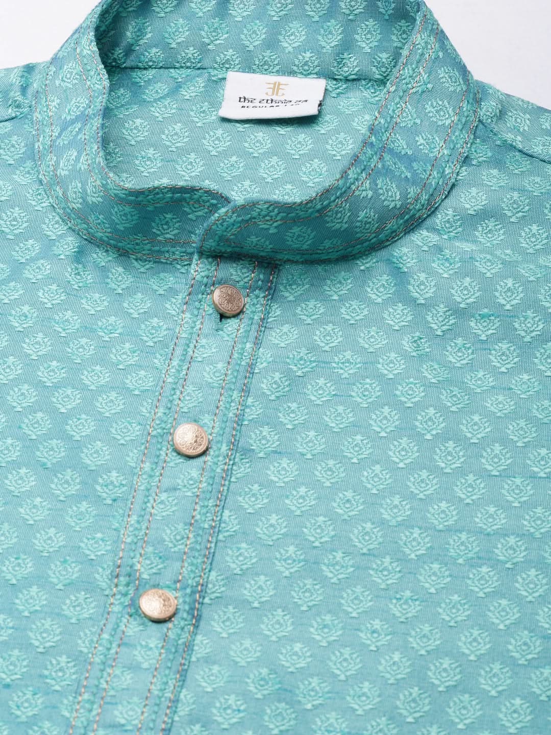 Bluish Green Jacquard Silk Kurta Set