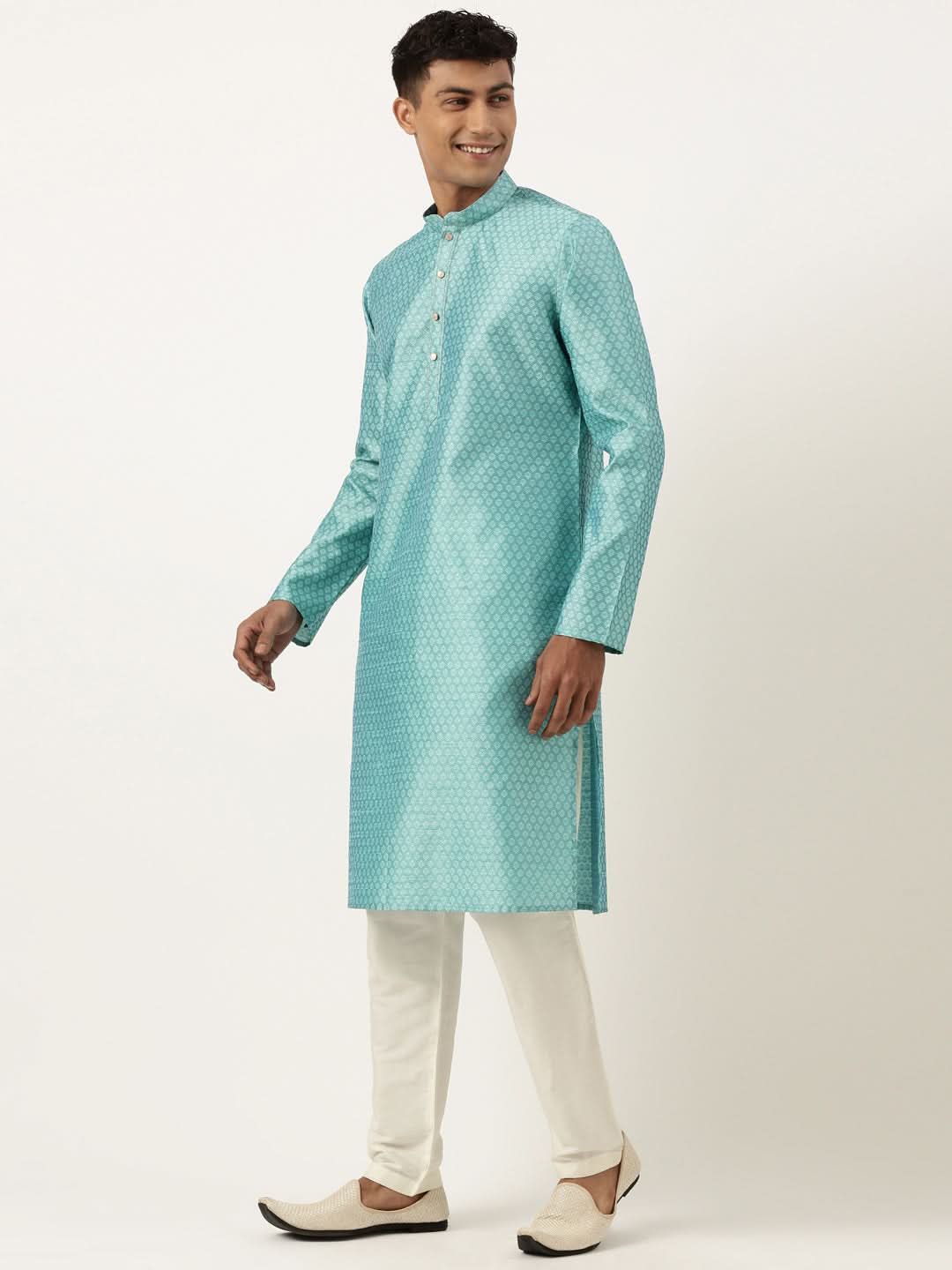 Bluish Green Jacquard Silk Kurta Set