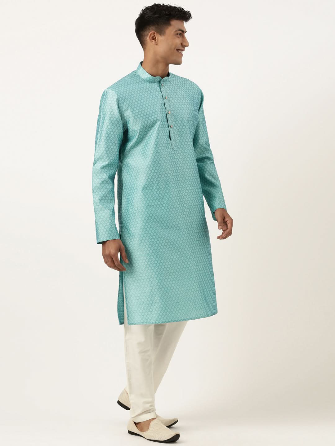 Bluish Green Jacquard Silk Kurta Set