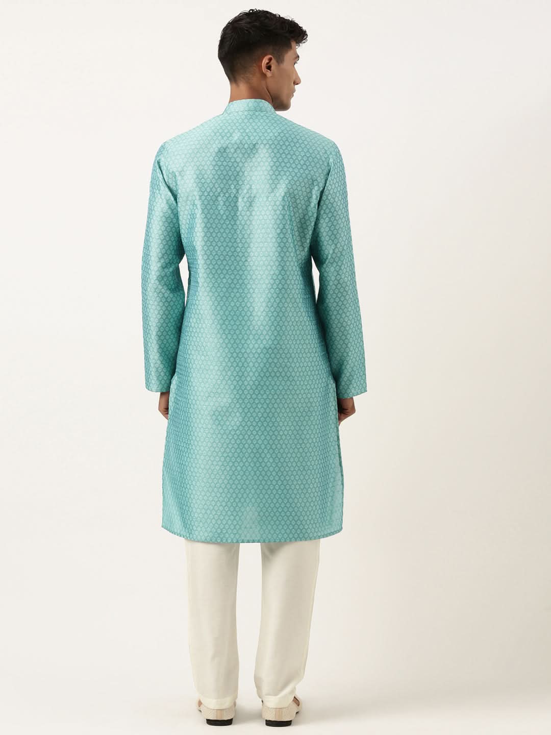Bluish Green Jacquard Silk Kurta Set