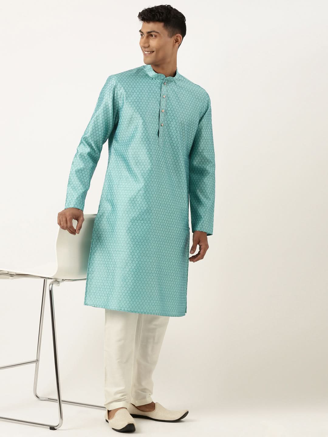 Bluish Green Jacquard Silk Kurta Set