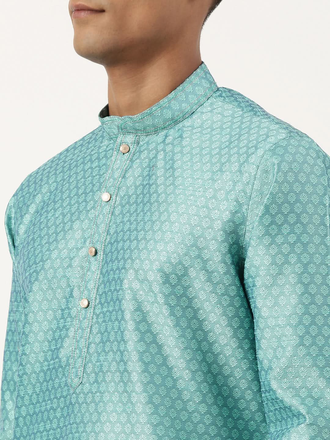 Bluish Green Jacquard Silk Kurta Set