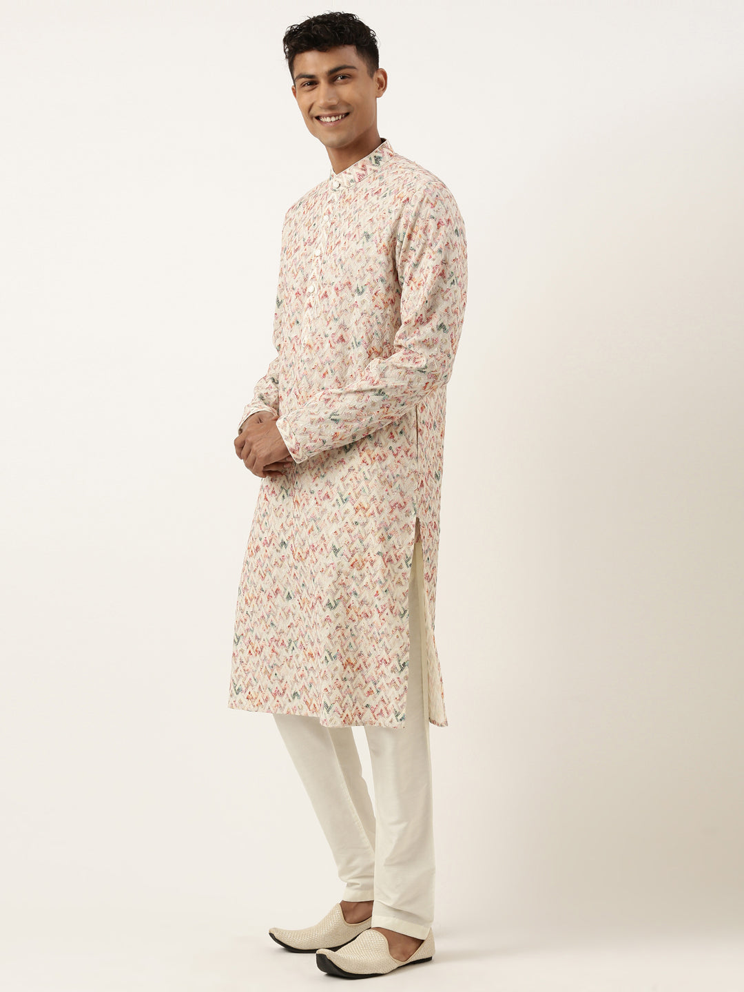 Cream Printed Chikankari Kurta Set