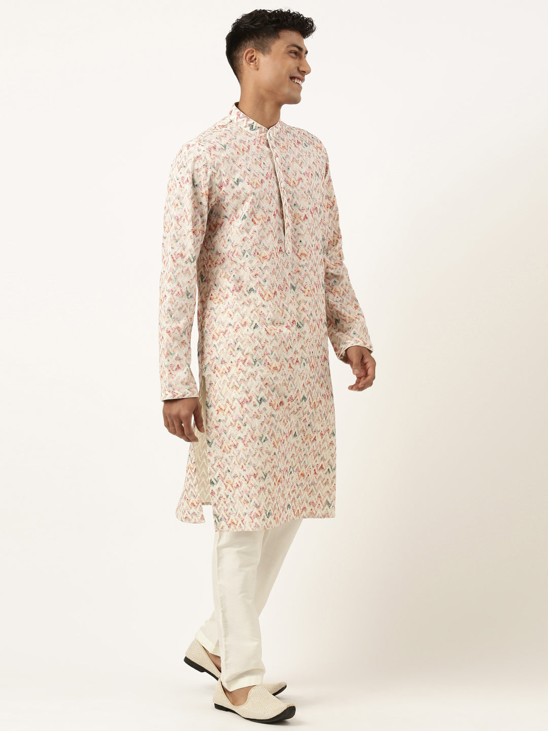 Cream Printed Chikankari Kurta Set