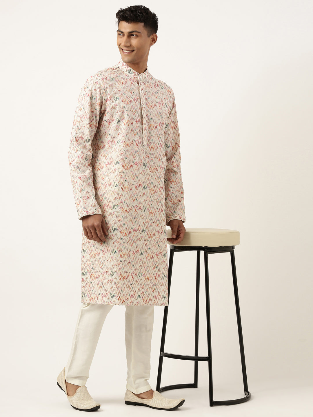 Cream Printed Chikankari Kurta Set