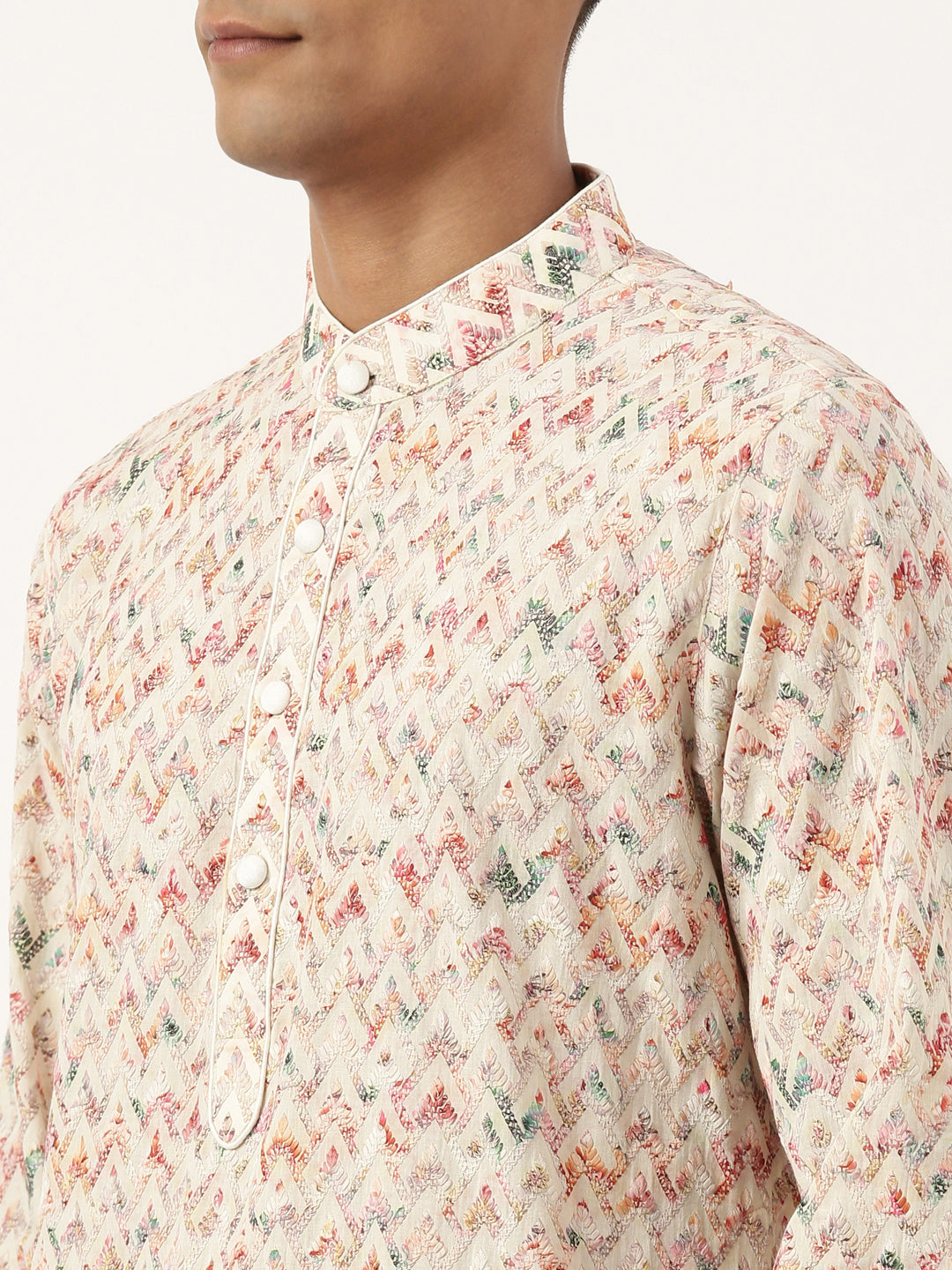 Cream Printed Chikankari Kurta Set