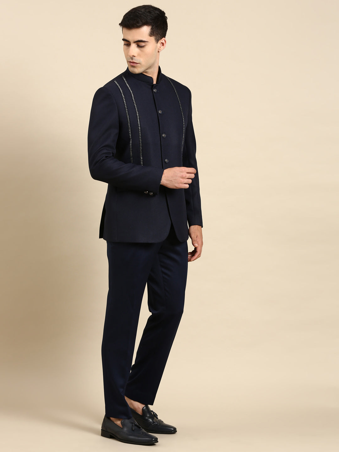 Navy Embroidered Bandhgala with velvet Detailing