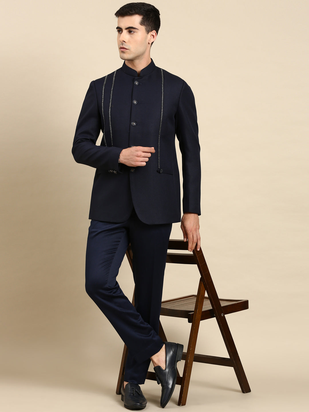 Navy Embroidered Bandhgala with velvet Detailing