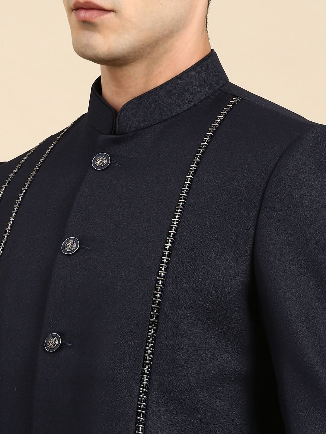Navy Embroidered Bandhgala with velvet Detailing