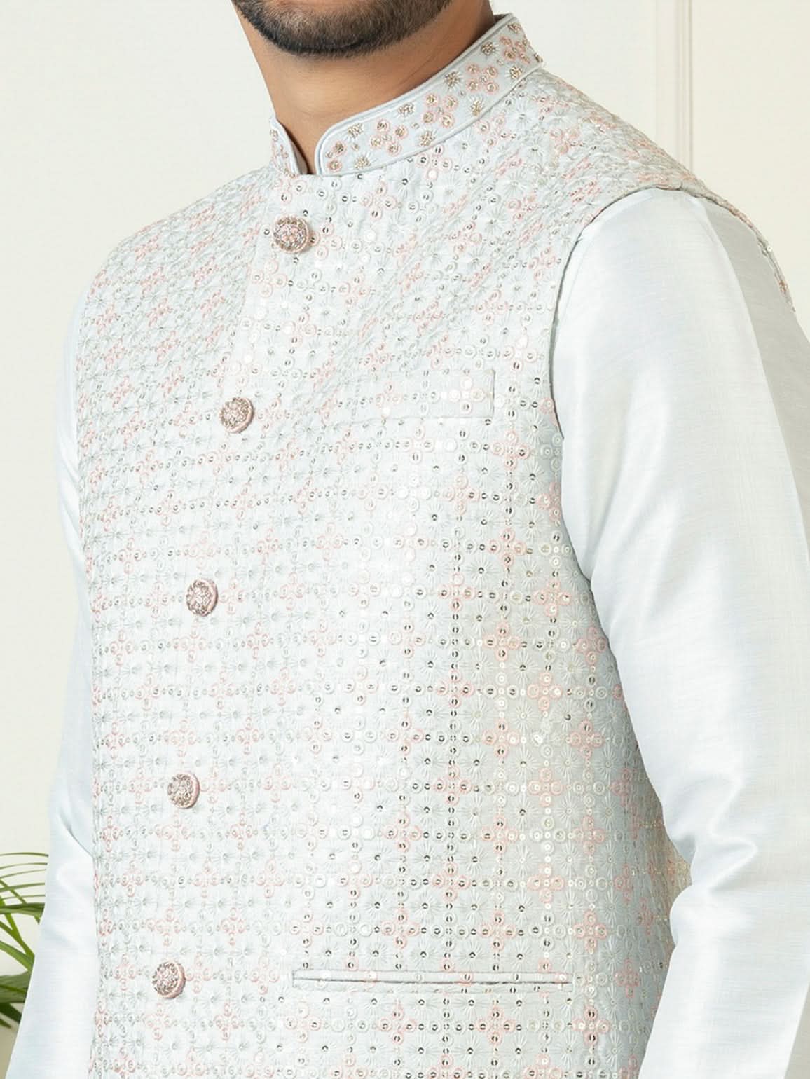 Light Blue Embroidered Jacket Kurta Set