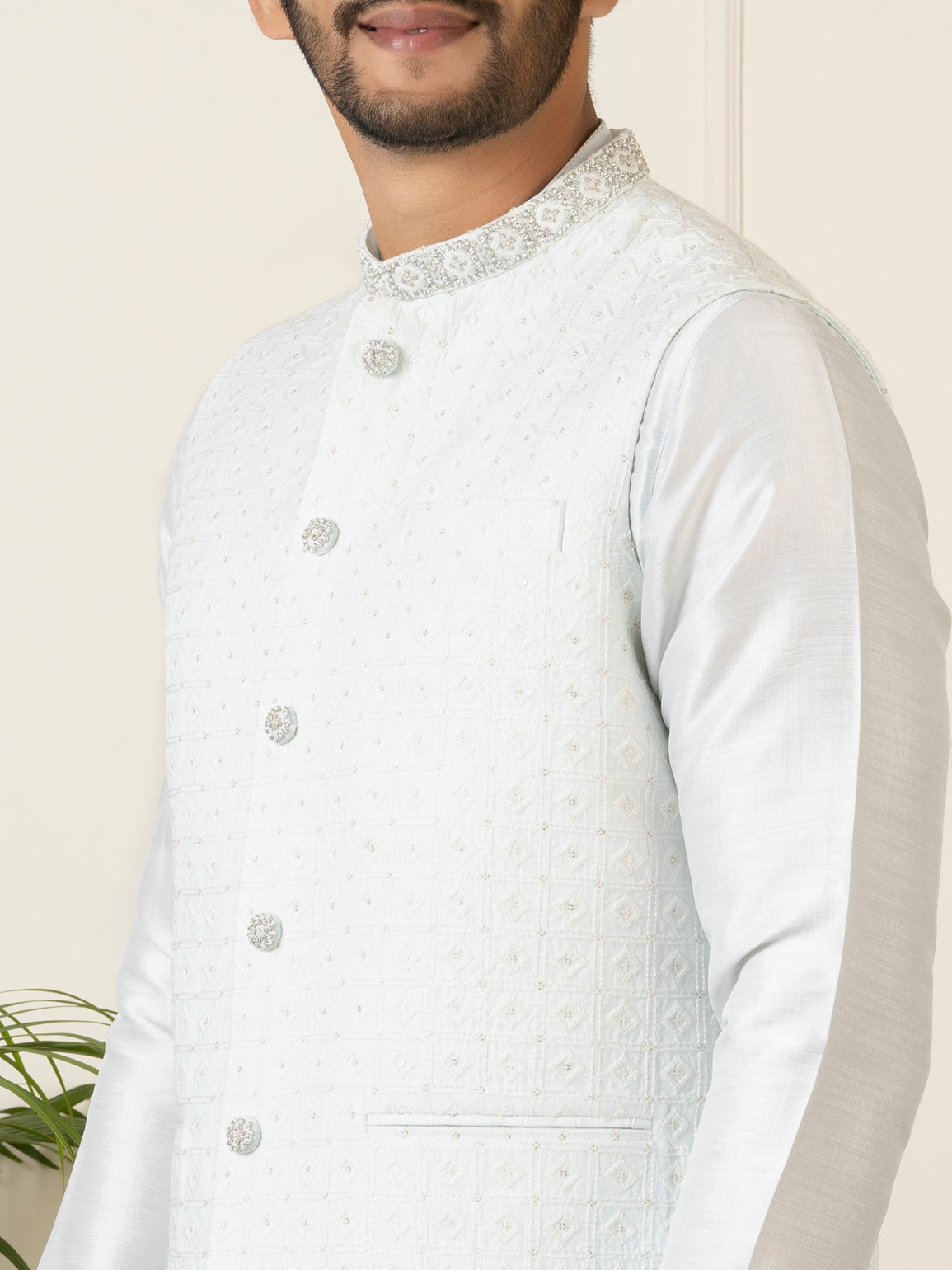 Sky Blue Embroidered Jacket Kurta Set