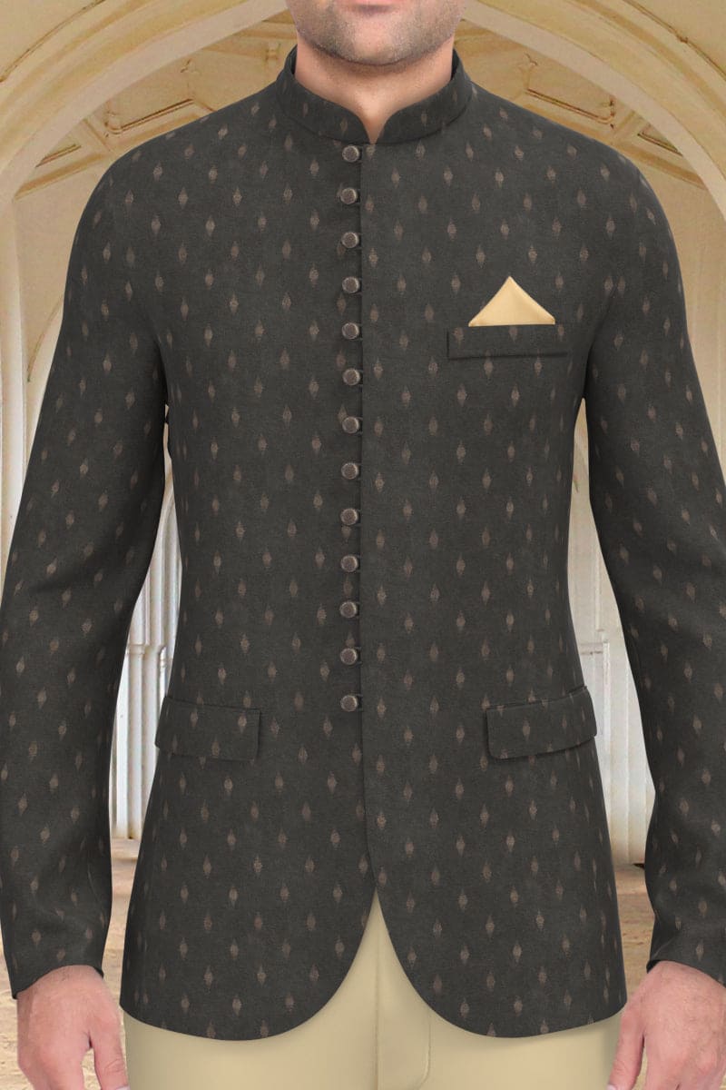 Chocolate Brown Suede fabric with Golden motifs Bandhgala Set