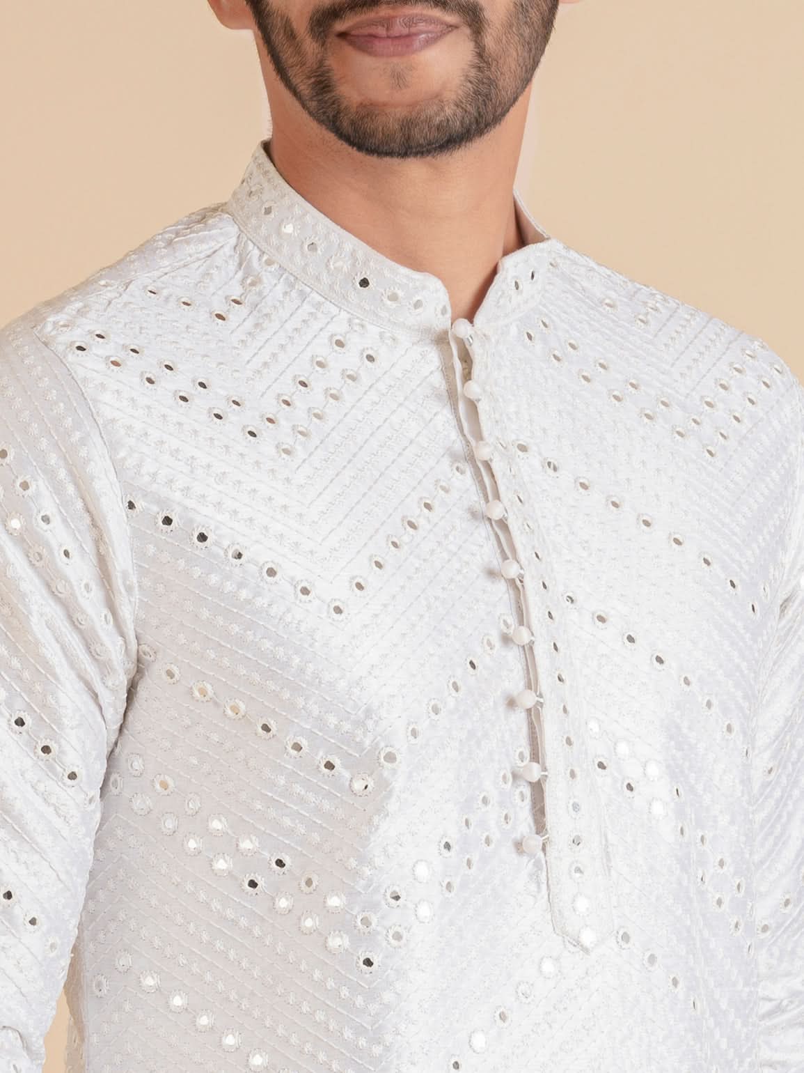 White Silk Mirror Embroidered Kurta Set