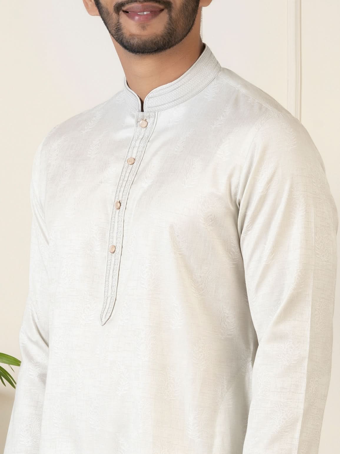 Off White Jacquard Embroidered Kurta Set