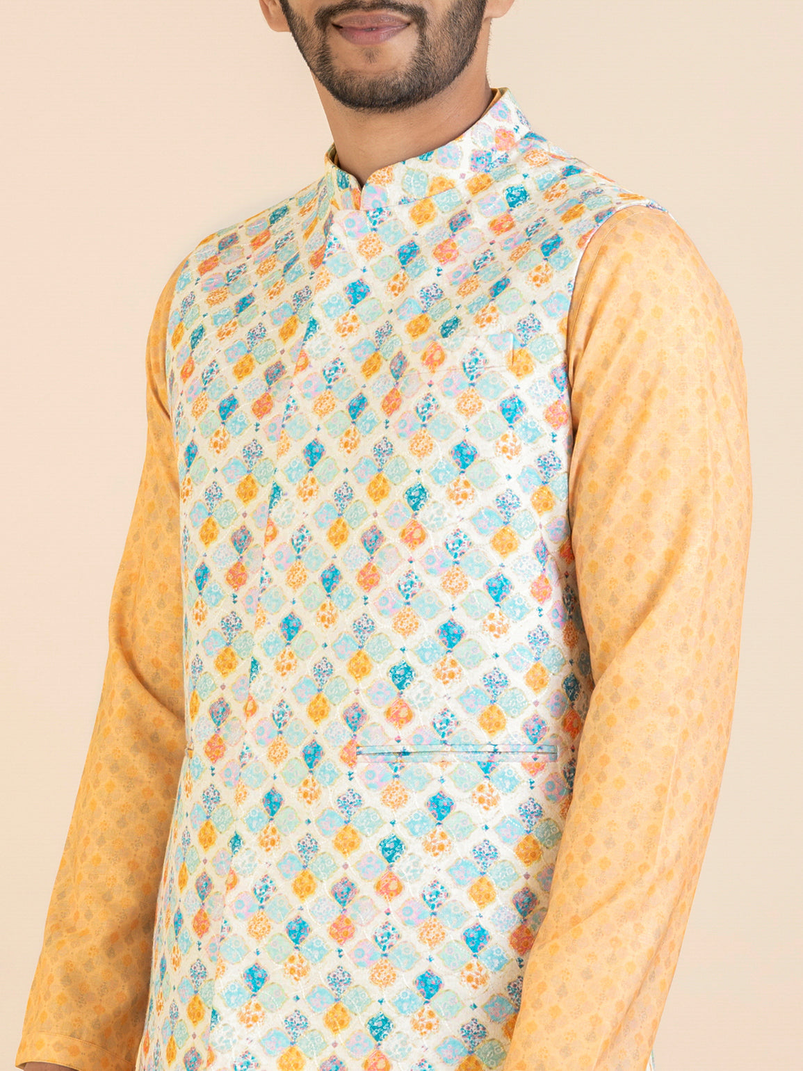 White Vibrant Cotton Printed Jacket Kurta Set
