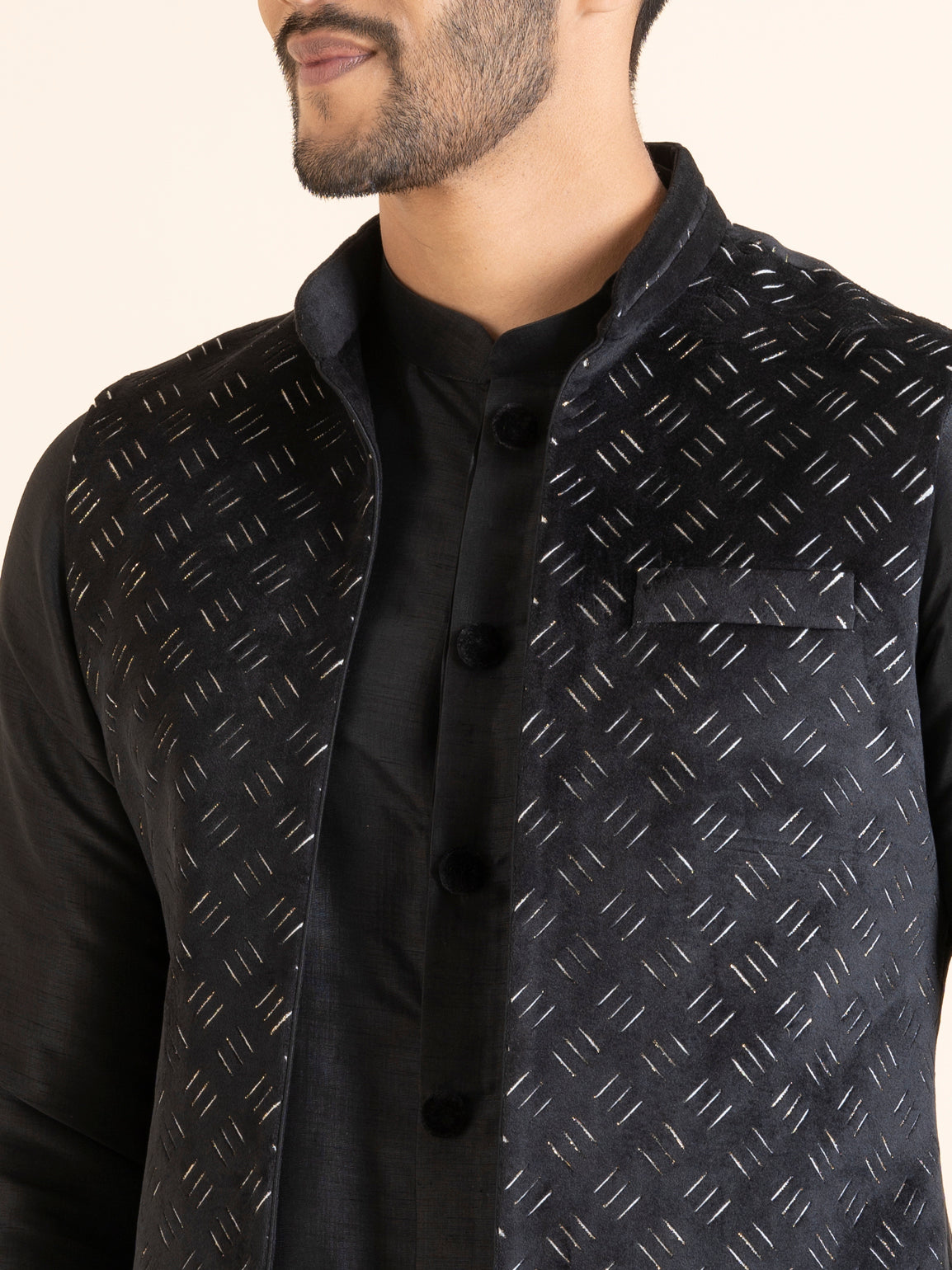 Black Lazer Cut Jacket with Front Open Kurta Set