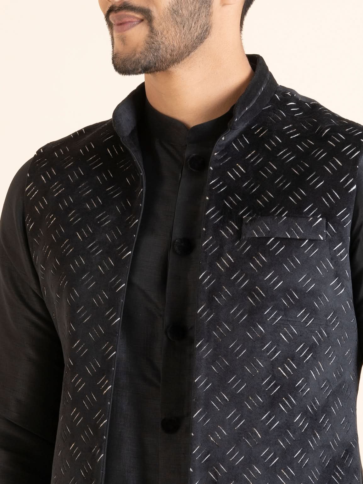 Black Lazer Cut Jacket with Front Open Kurta Set