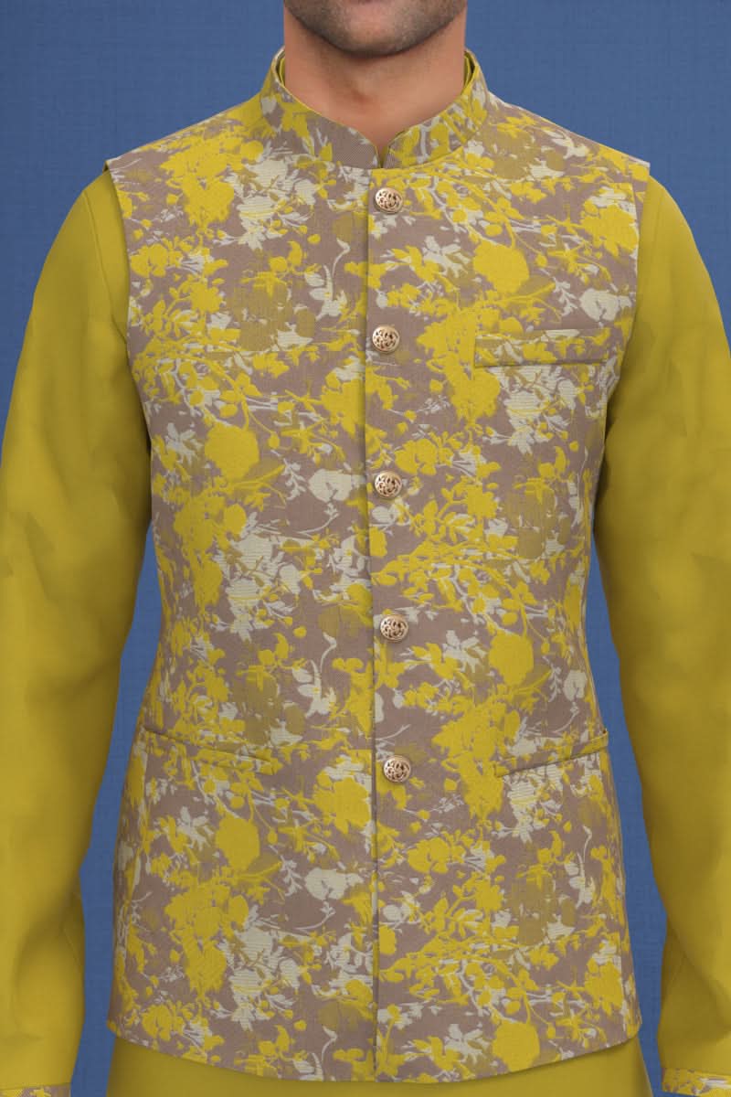 Yellow Floral Jacquard Jacket With Mustard Kurta