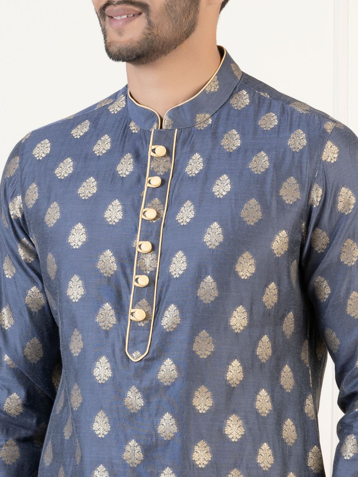 Navy Jacquard Golden Booti Chanderi Silk Kurta Set