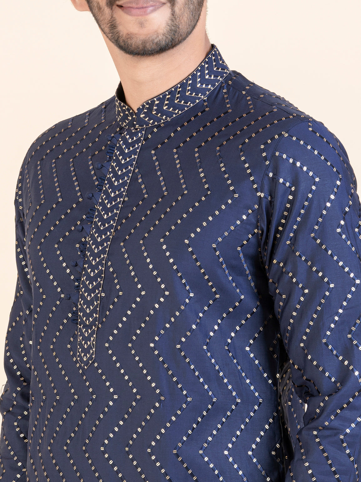 Navy Zigzag Embroidered Kurta Set