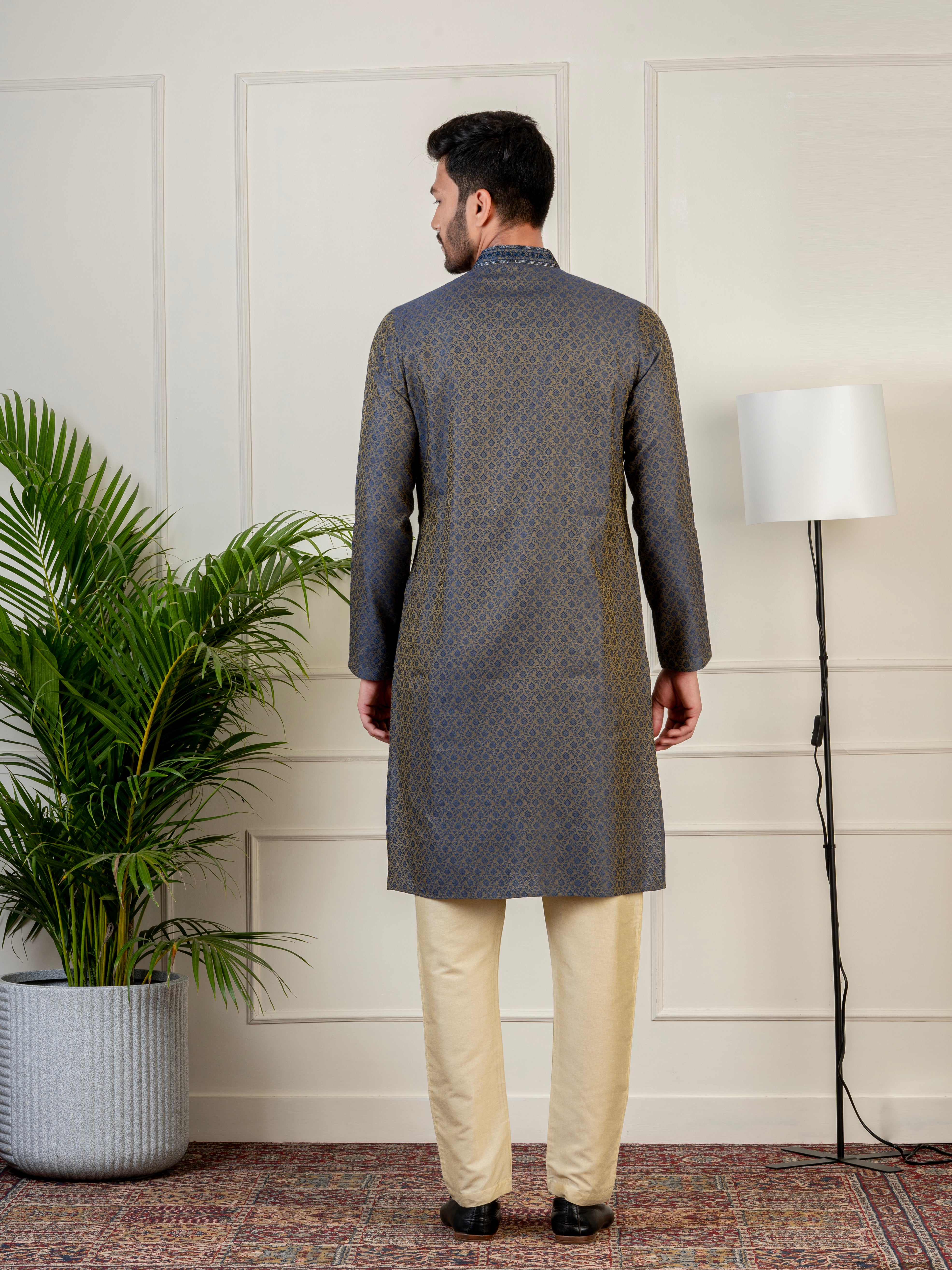Navy Jacquard Embroidered Kurta Set