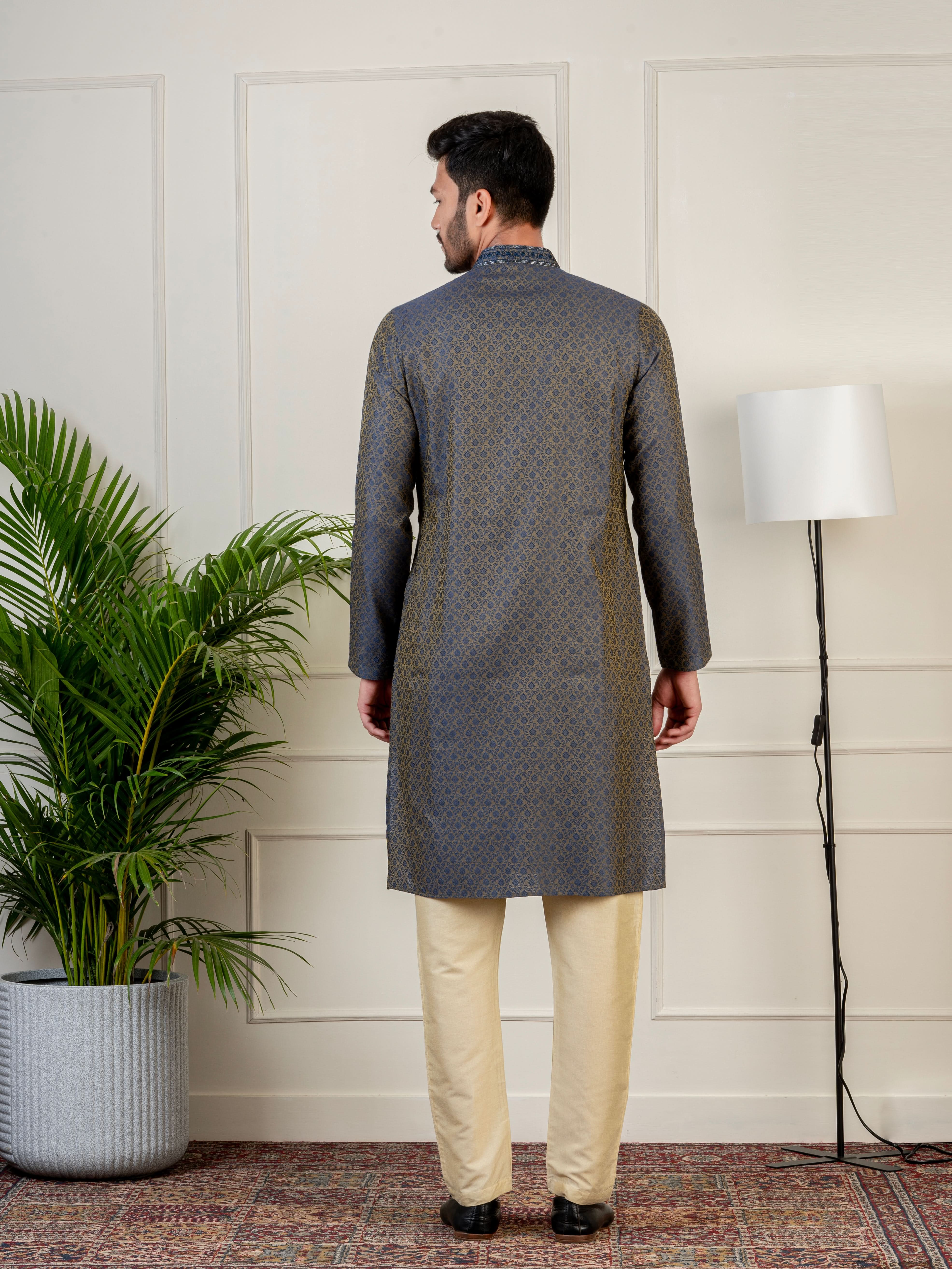 Navy Jacquard Embroidered Kurta Set