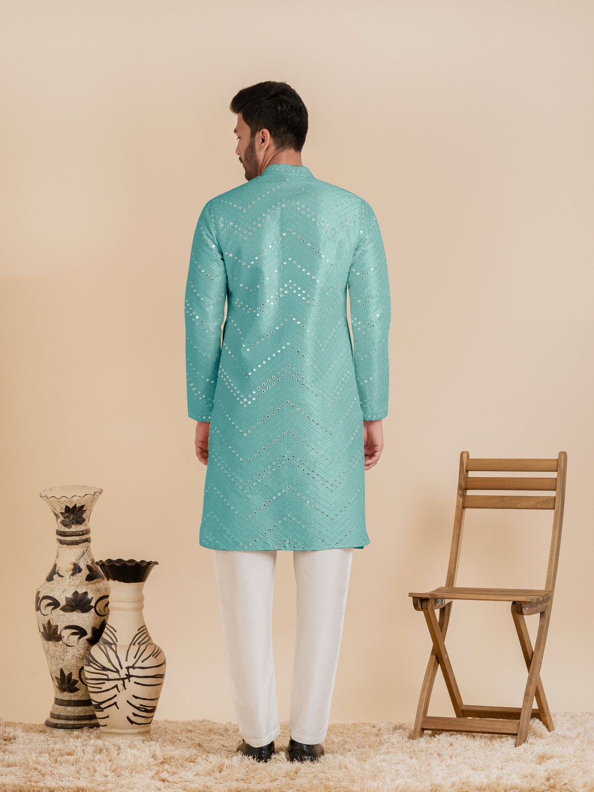 Light Blue Silk Mirror Embroidered Kurta Set