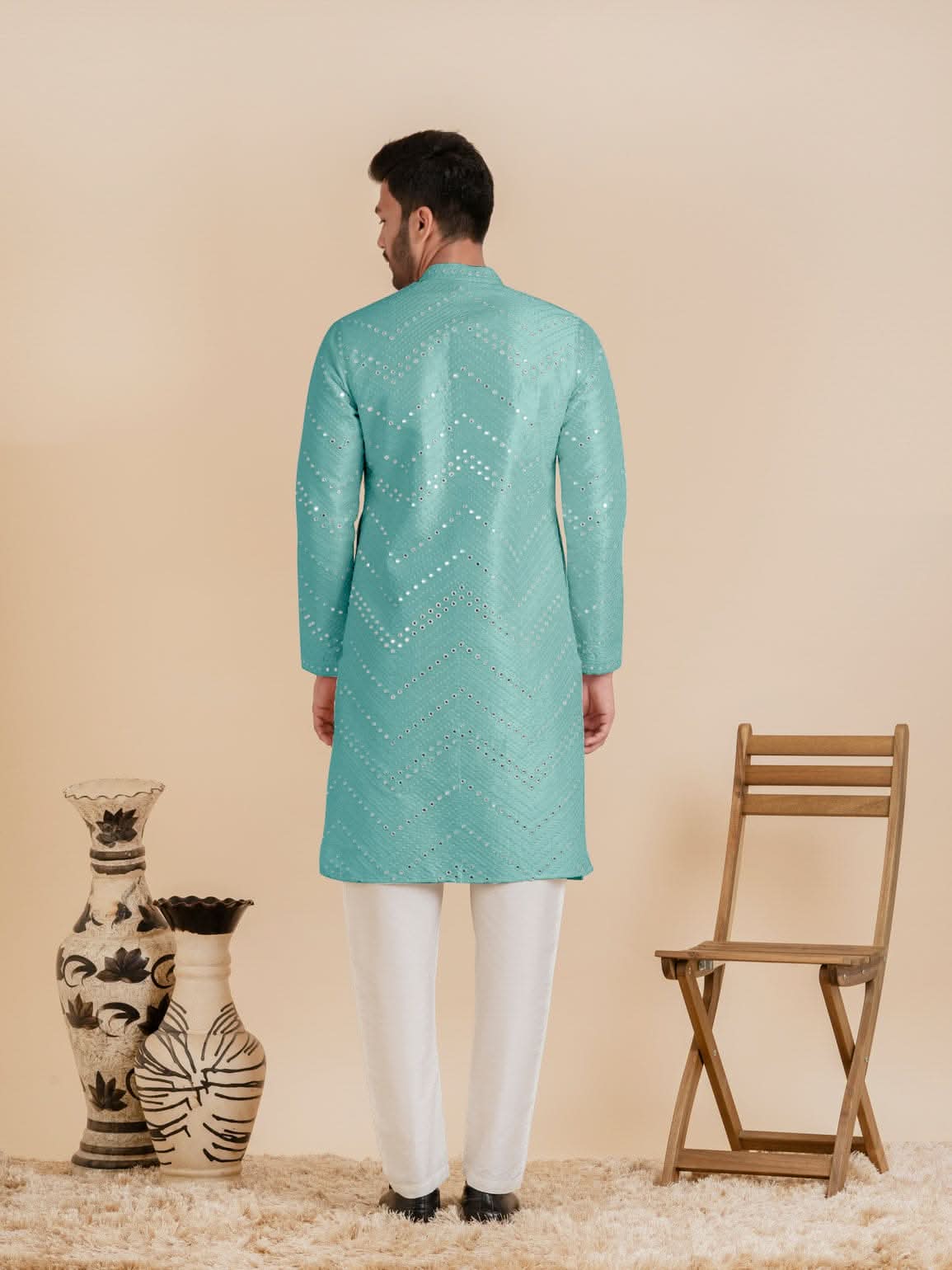 Light Blue Silk Mirror Embroidered Kurta Set