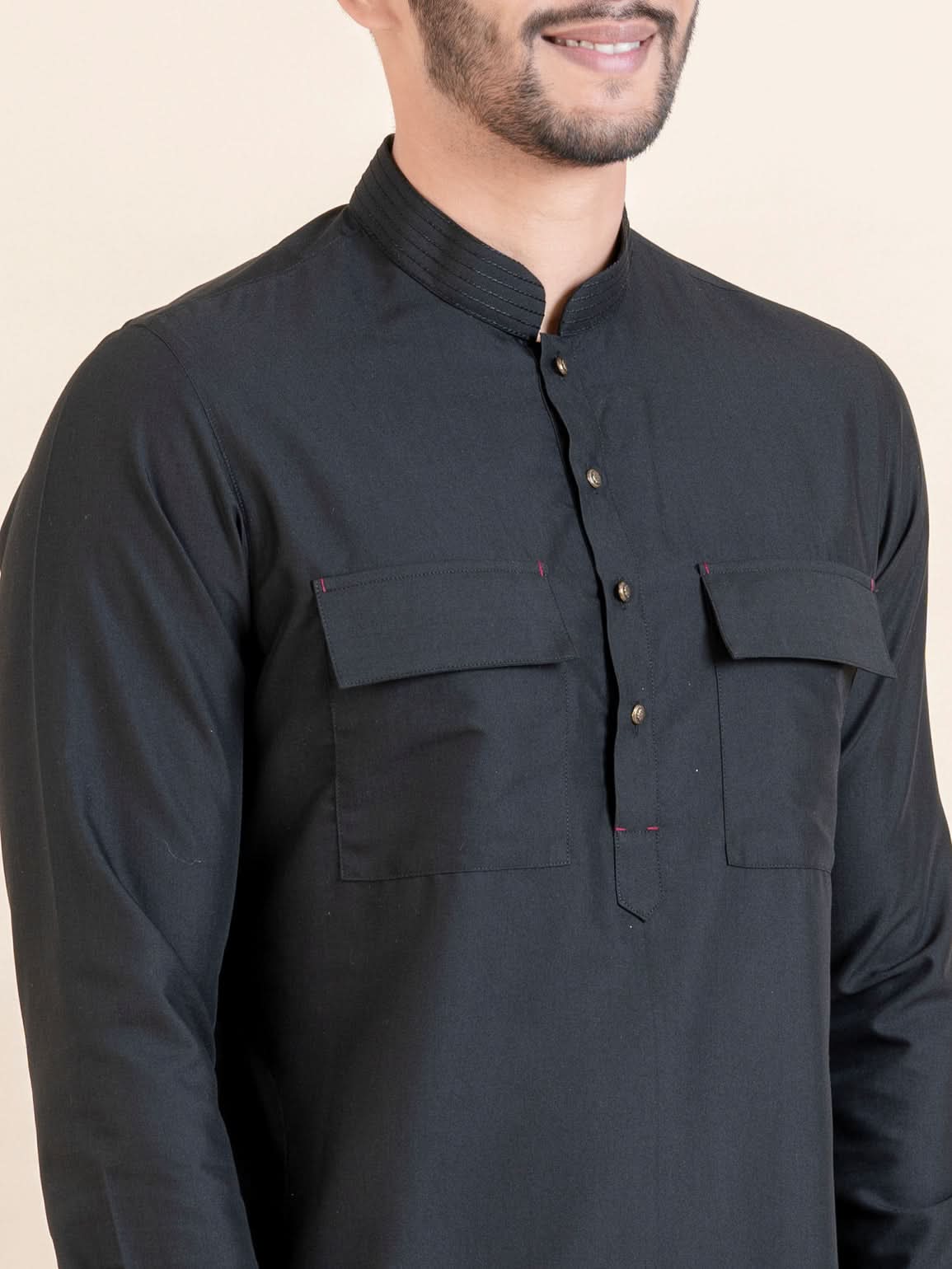 Black Cotton Pathani Kurta Set with Patch pocket