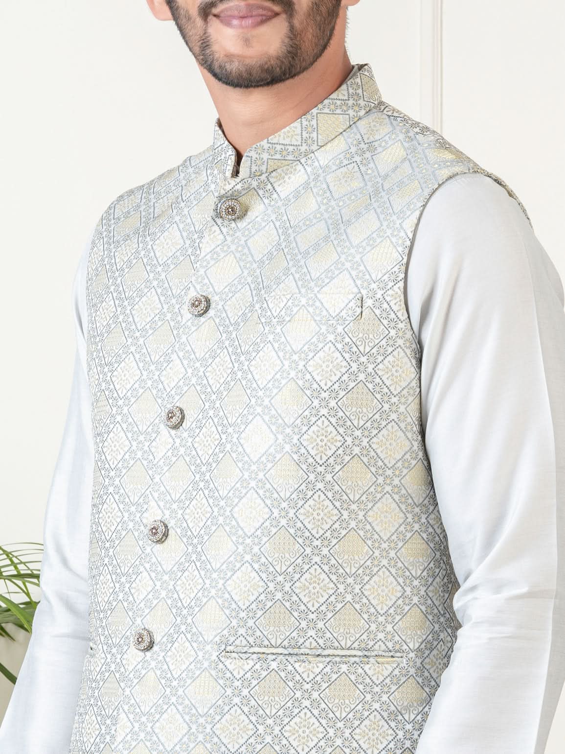 Ivory Grey Jacquard Jacket Kurta Set