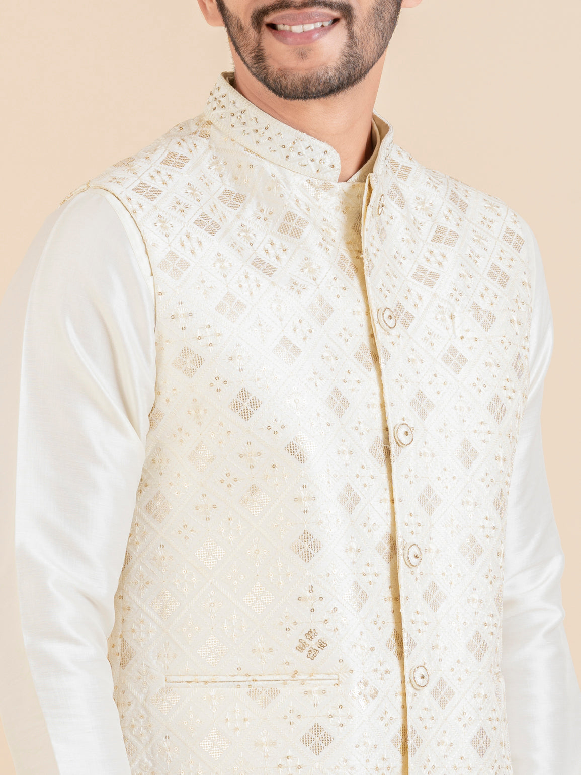 Cream Sequin Embroidered Jacket Kurta Set