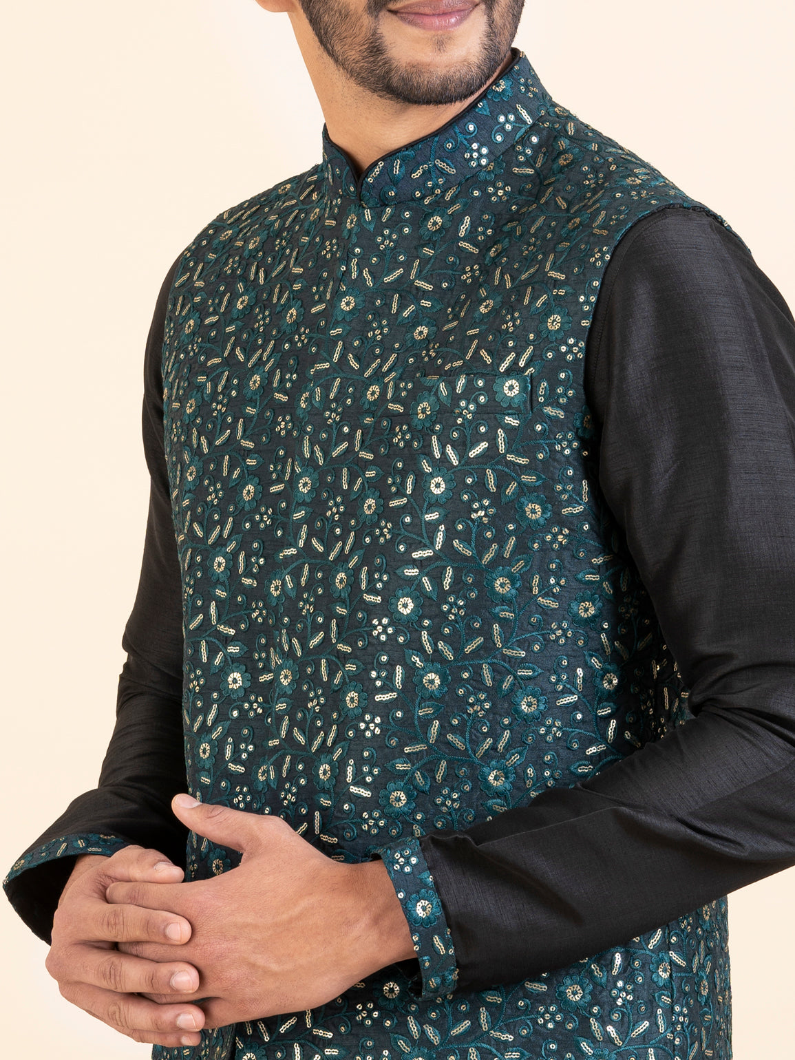 Green Embroidered  Jacket Kurta Set