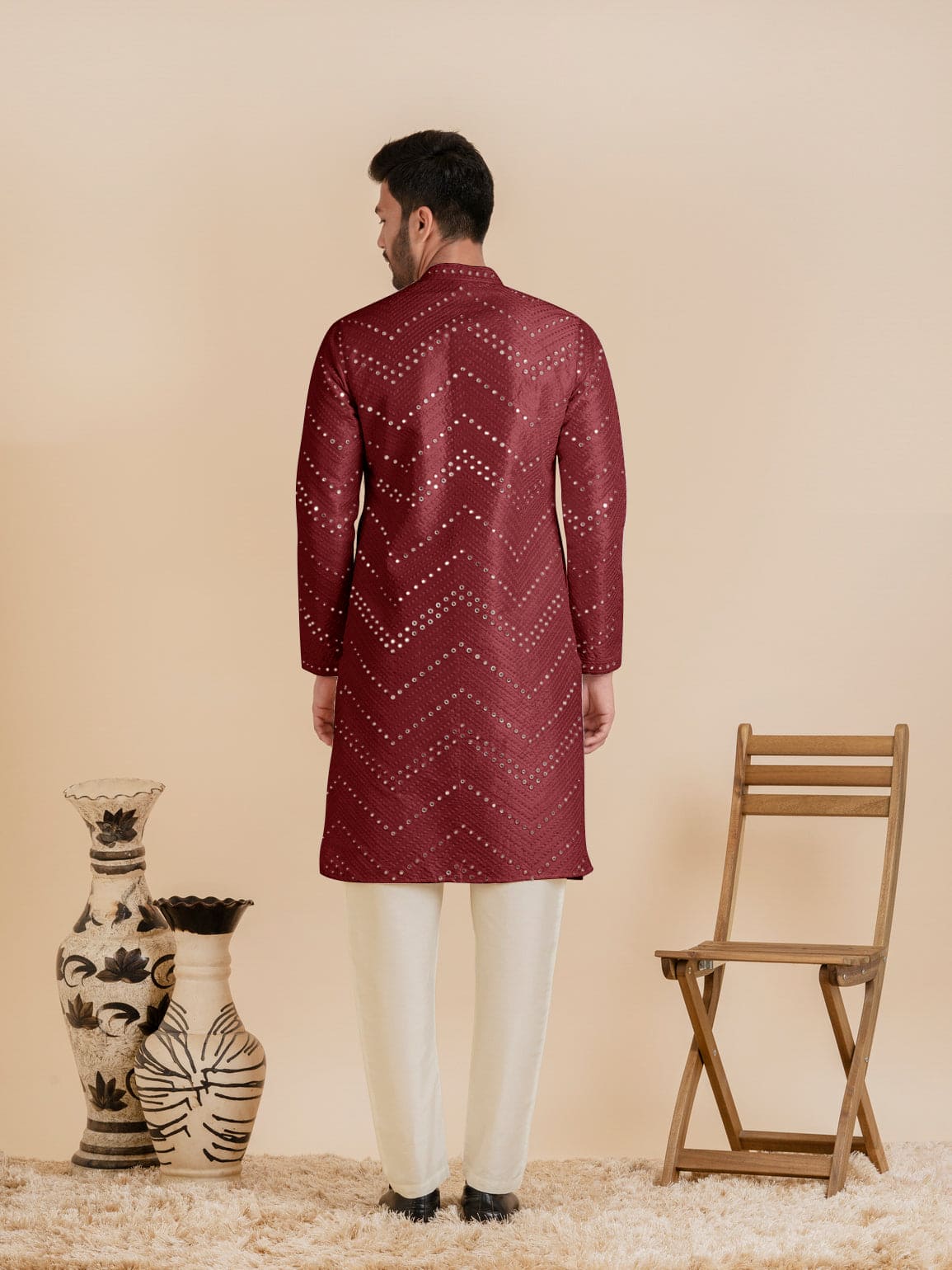 Maroon Silk Mirror Embroidered Kurta Set