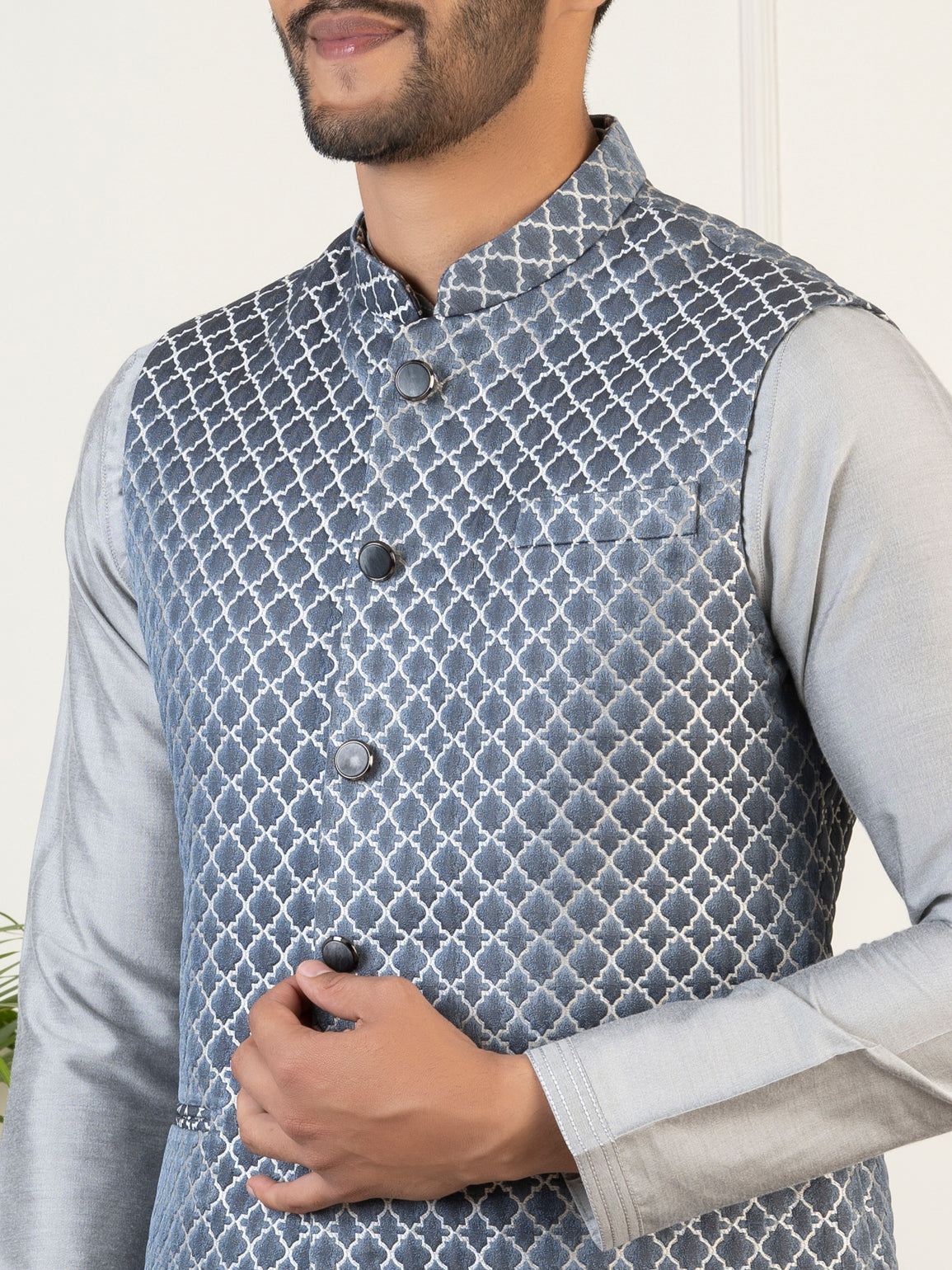 Bluish-Grey Jacquard Jacket With Grey Kurta