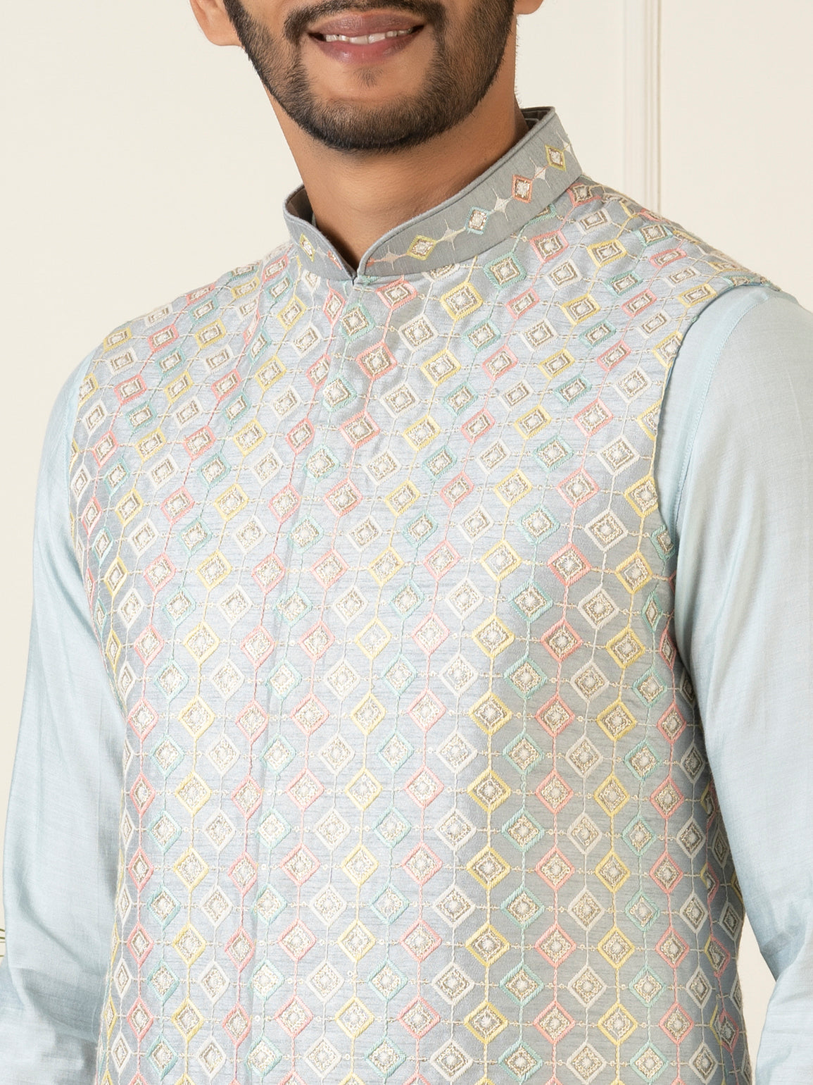 Grey Embroidered Jacket Kurta Set