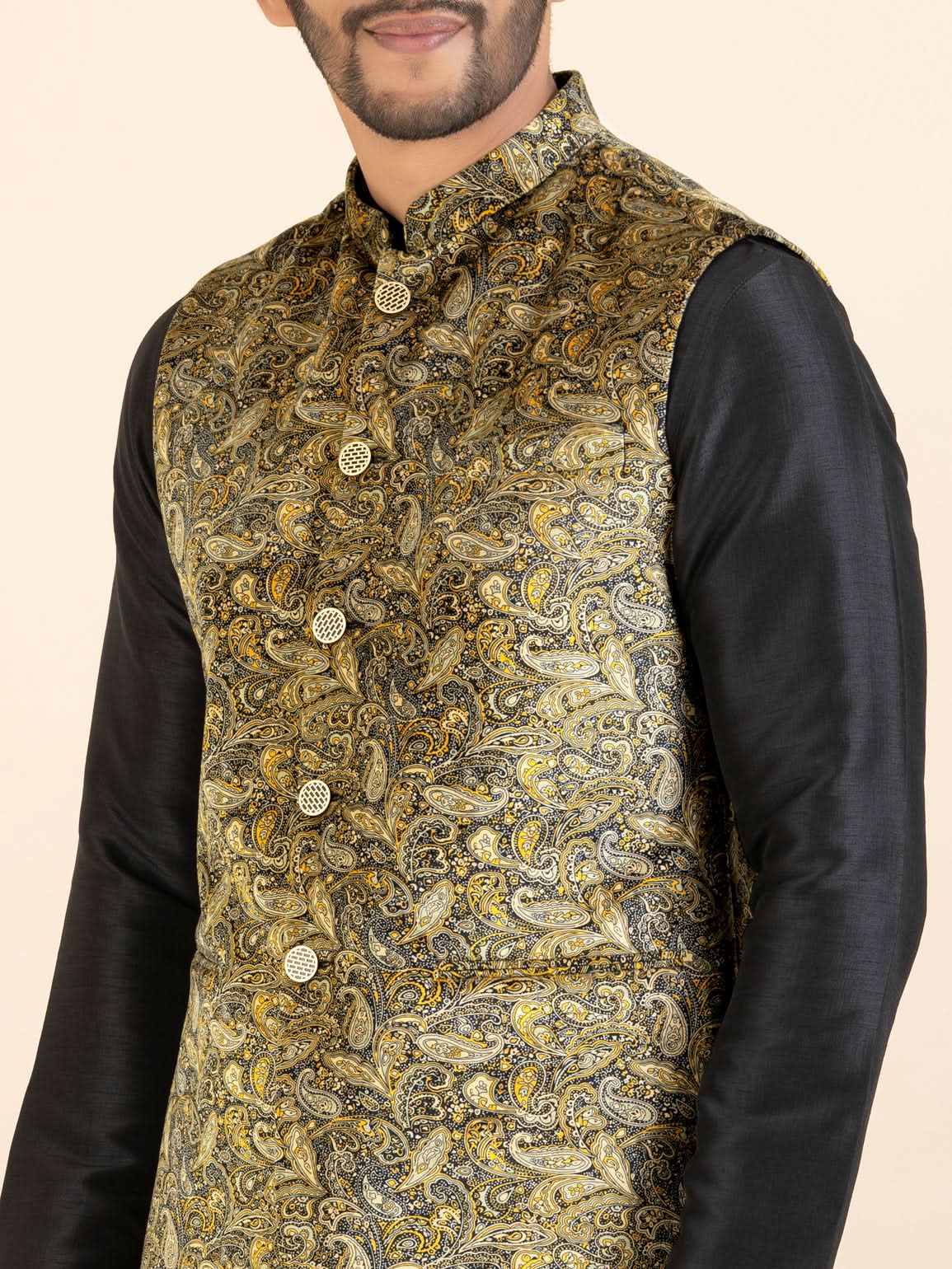 Beige Velvet Printed Cotton Jacket Kurta Set