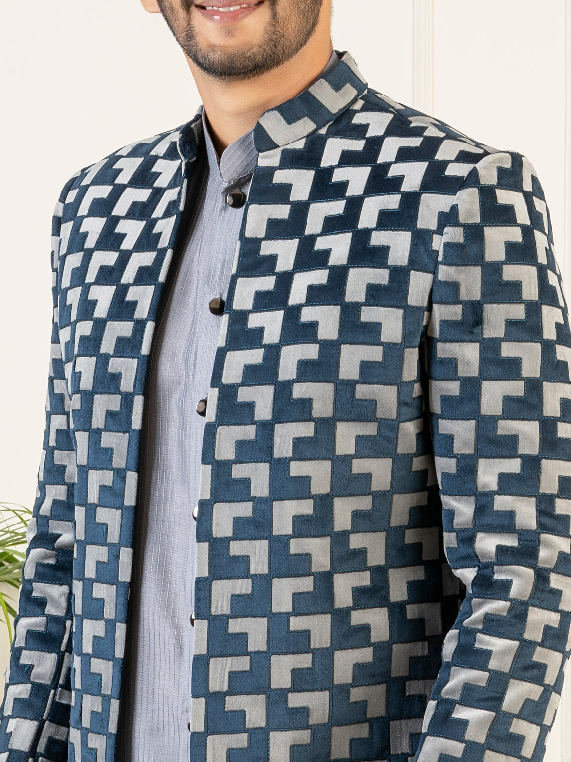 Grey Navy Velvet Indowestern